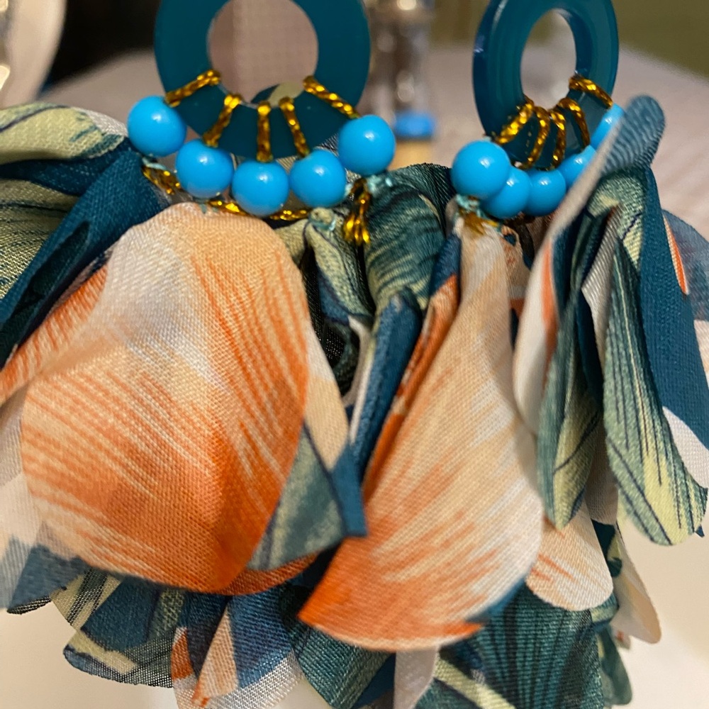 Floral Tassel Earrings with Blue Accents